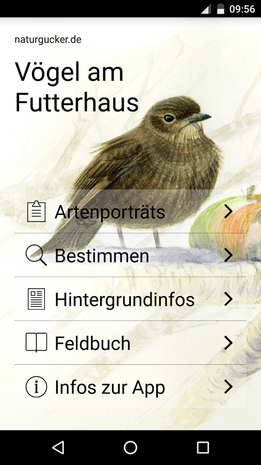 Startbildschirm der App 'Vögel am Futterhaus'