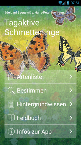 Startbildschirm der App 'Tagaktive Schmetterlinge'