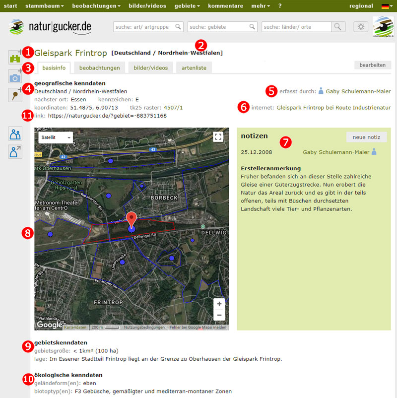 Gebietsporträt 'Gleispark Frintrop' mit Erläuterungen zu den einzelnen Info-Bereichen