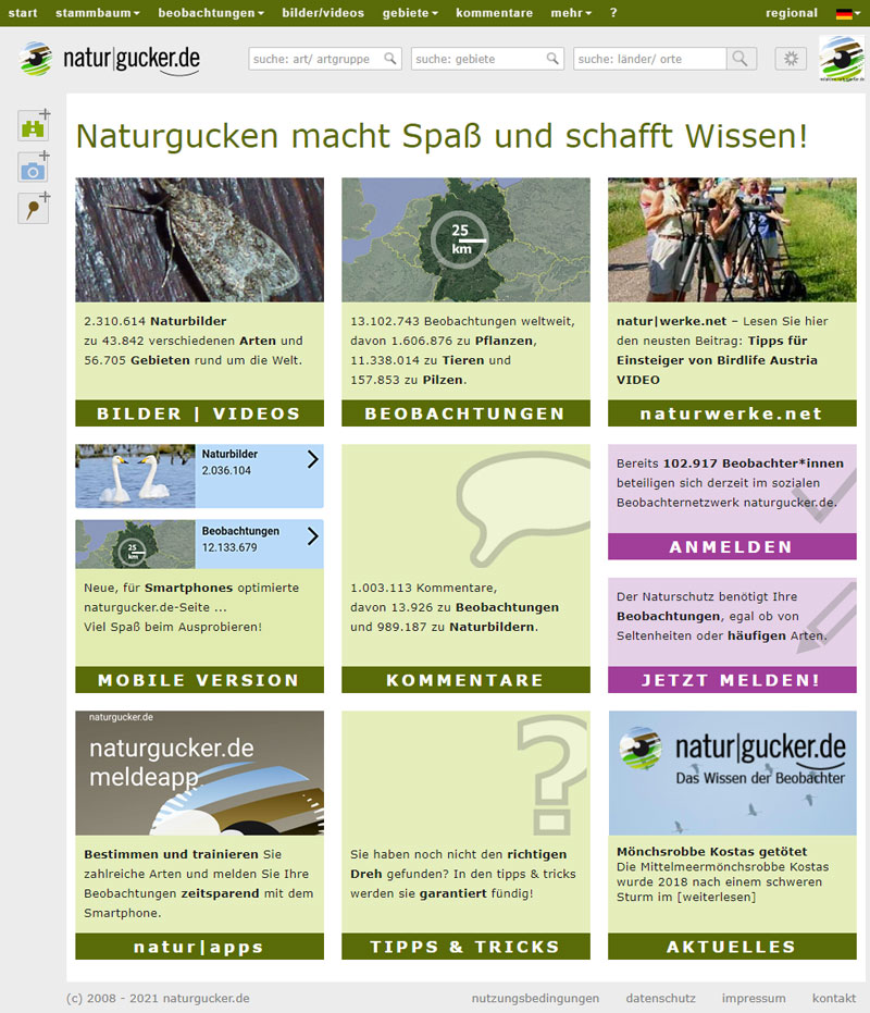Startseite der aktuellen Version von naturgucker.de